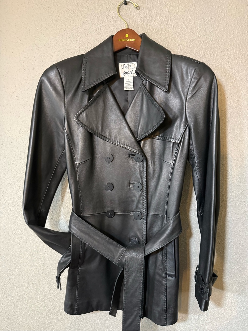 Vakko Black Double-Breasted Leather Jacket with Belt